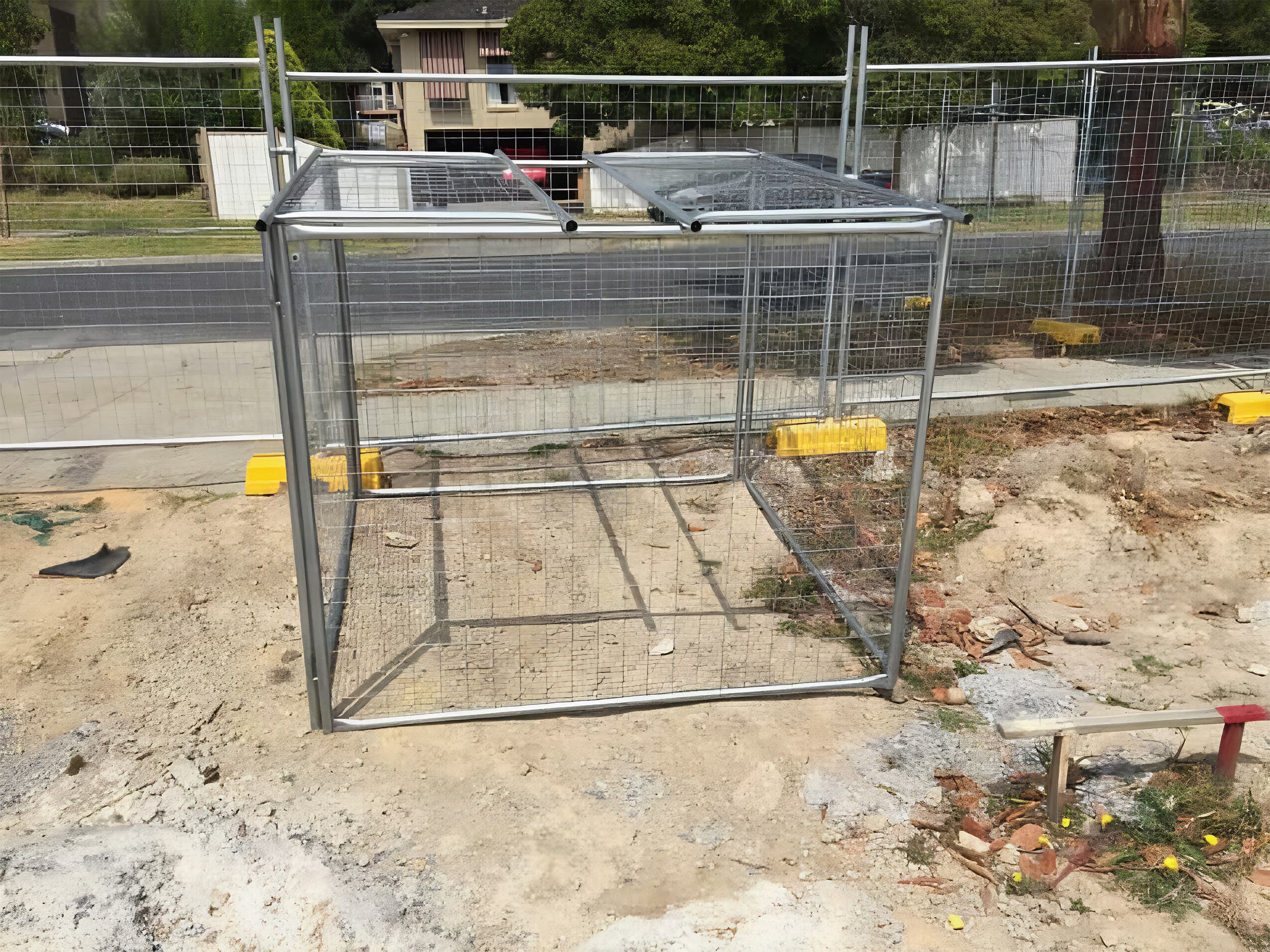 Metal rubbish cage on construction site in Melbourne.